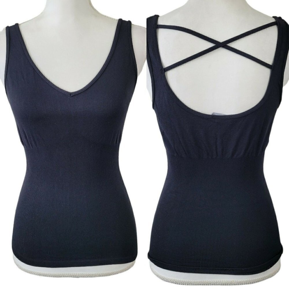Vintage Bebe Camisole Tank Top Black Med/Large Shapewear Crossback V Neck Y2K
